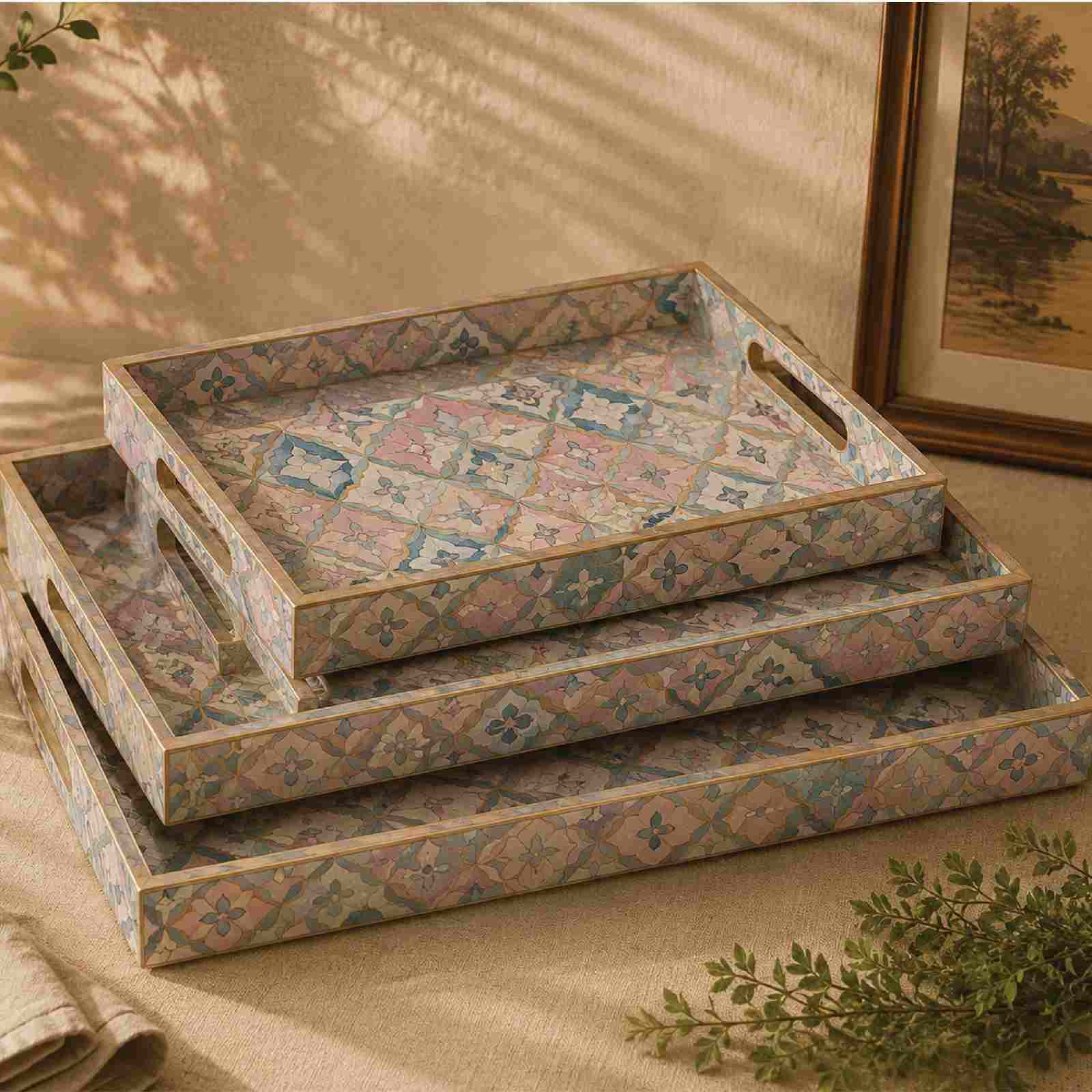 Gulnaar 3-Piece Tray Set with pastel floral mosaic design
