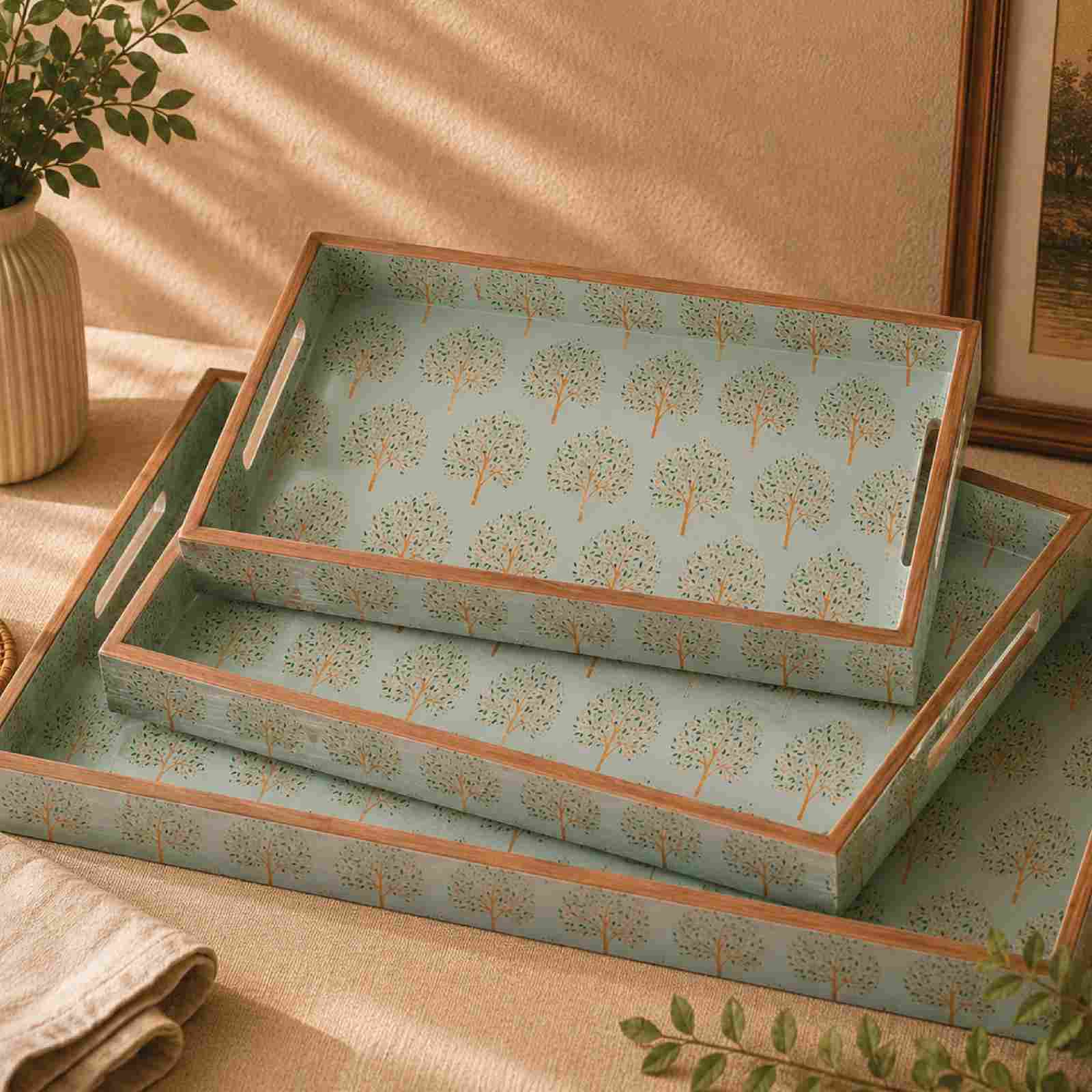 Aaranya 3-piece wooden serving tray set with sage green tree motif