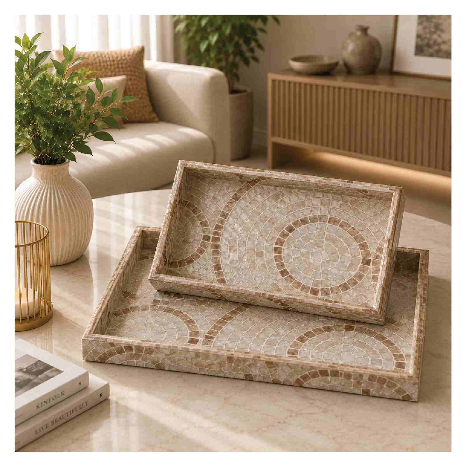 Mosaic Elegance Serving Tray Set of 2 with circular mosaic pattern