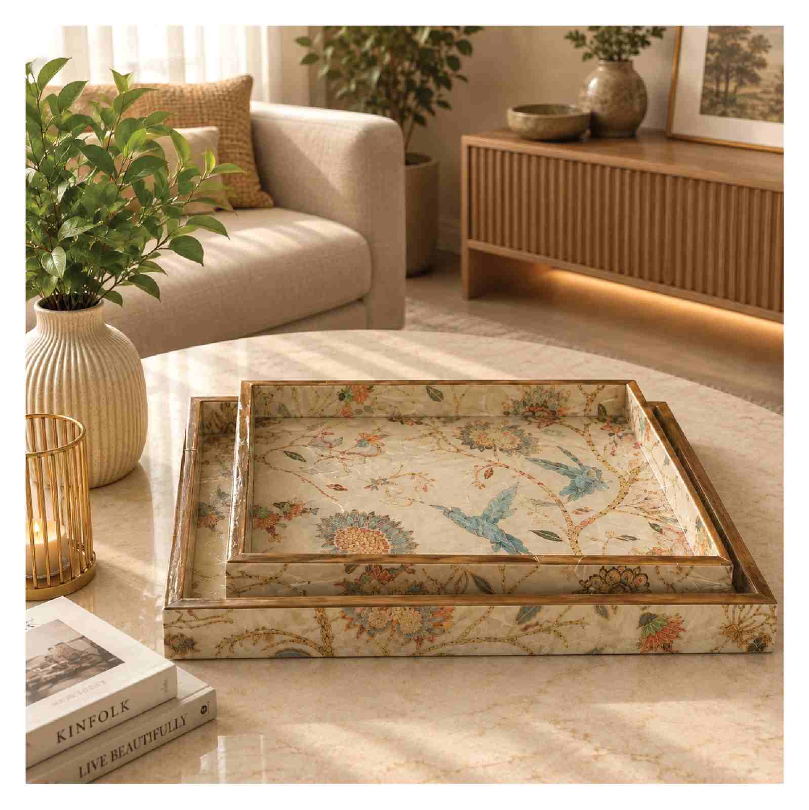 Azure Bloom serving tray set of 2 with floral and bluebird design