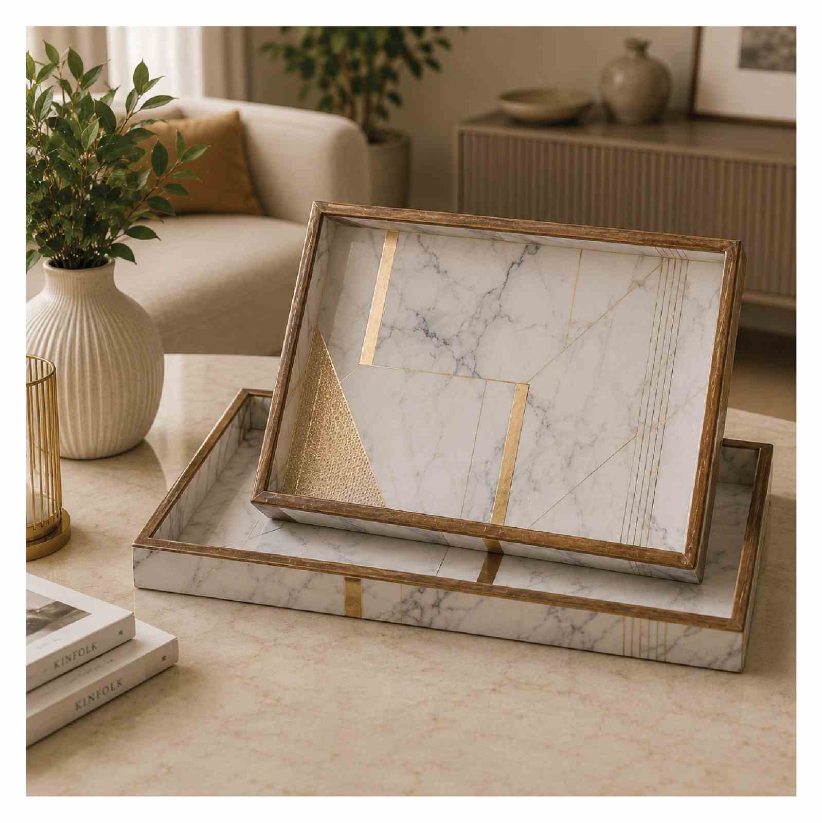 Marble Luxe Rectangle Tray Set of 2 with white marble and gold design