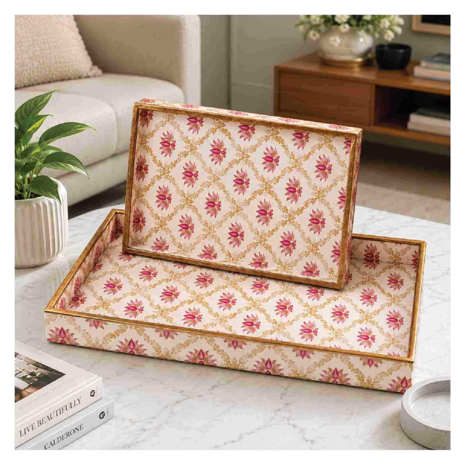 Blush Lotus Serving Tray Set of 2 with pink lotus and gold design