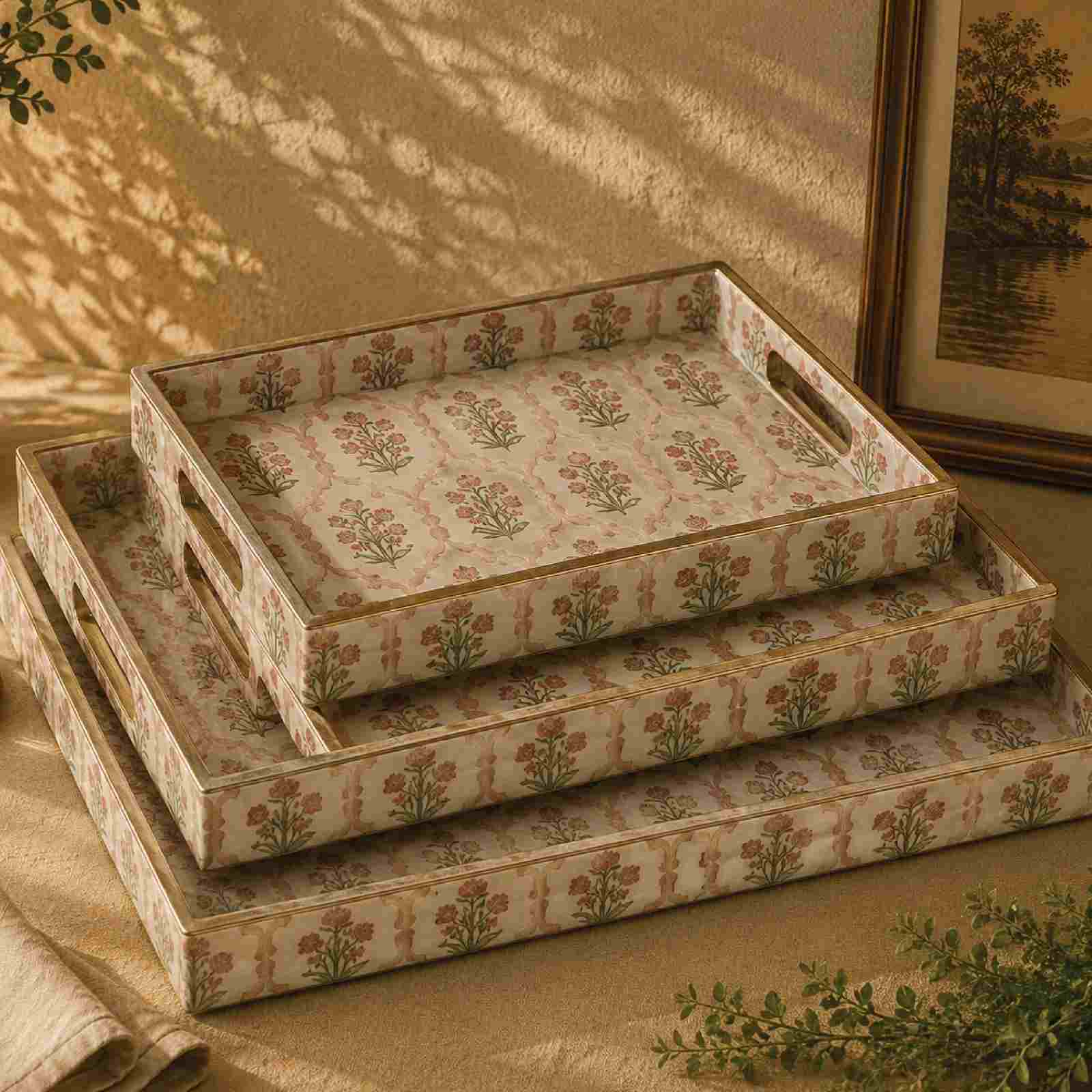 Gulbahaar 3-Piece Tray Set with floral botanical design