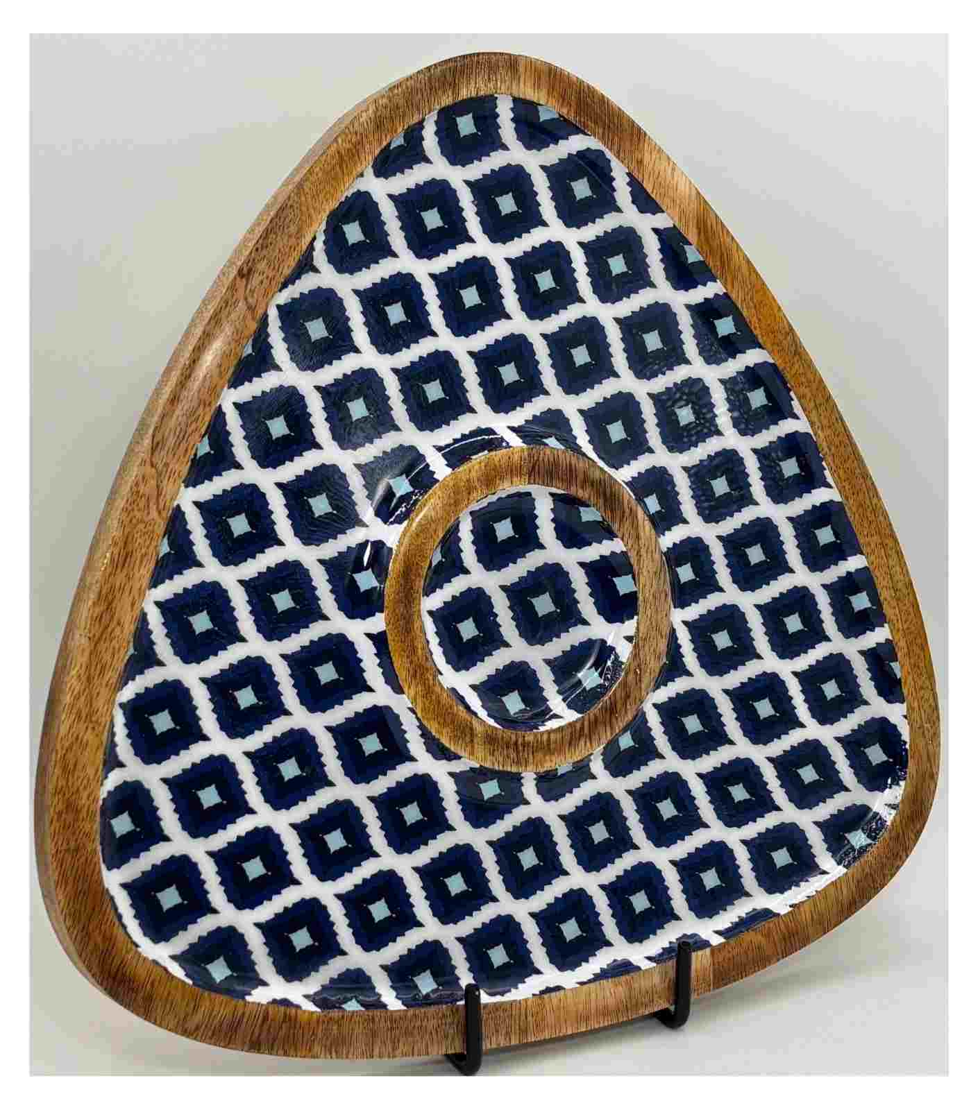 Indigo Lattice Triangular Chip & Dip Wooden Platter