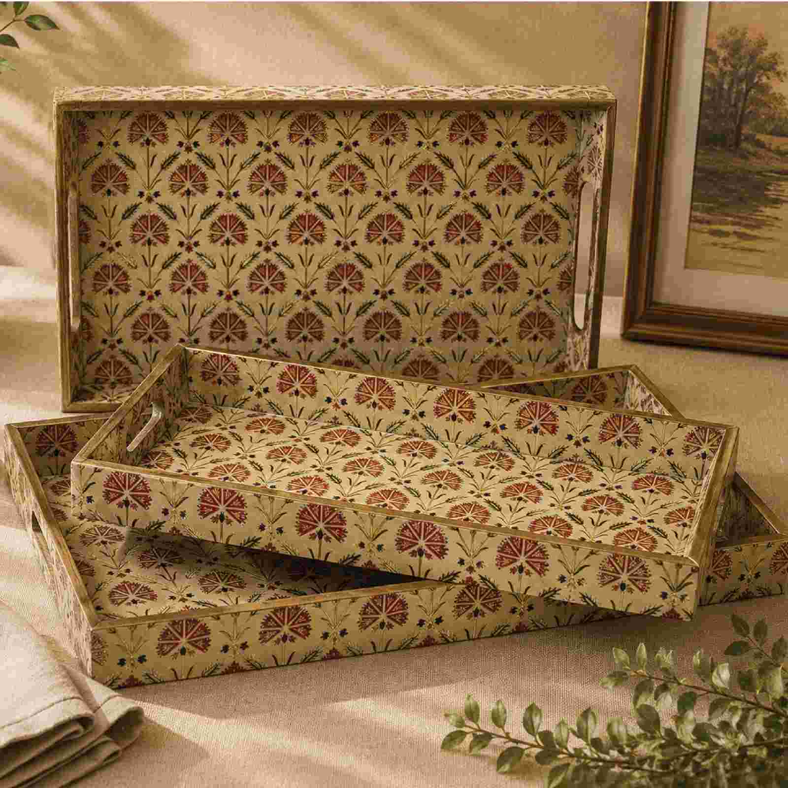 Phool Bagh 3-piece wooden tray set with traditional floral design