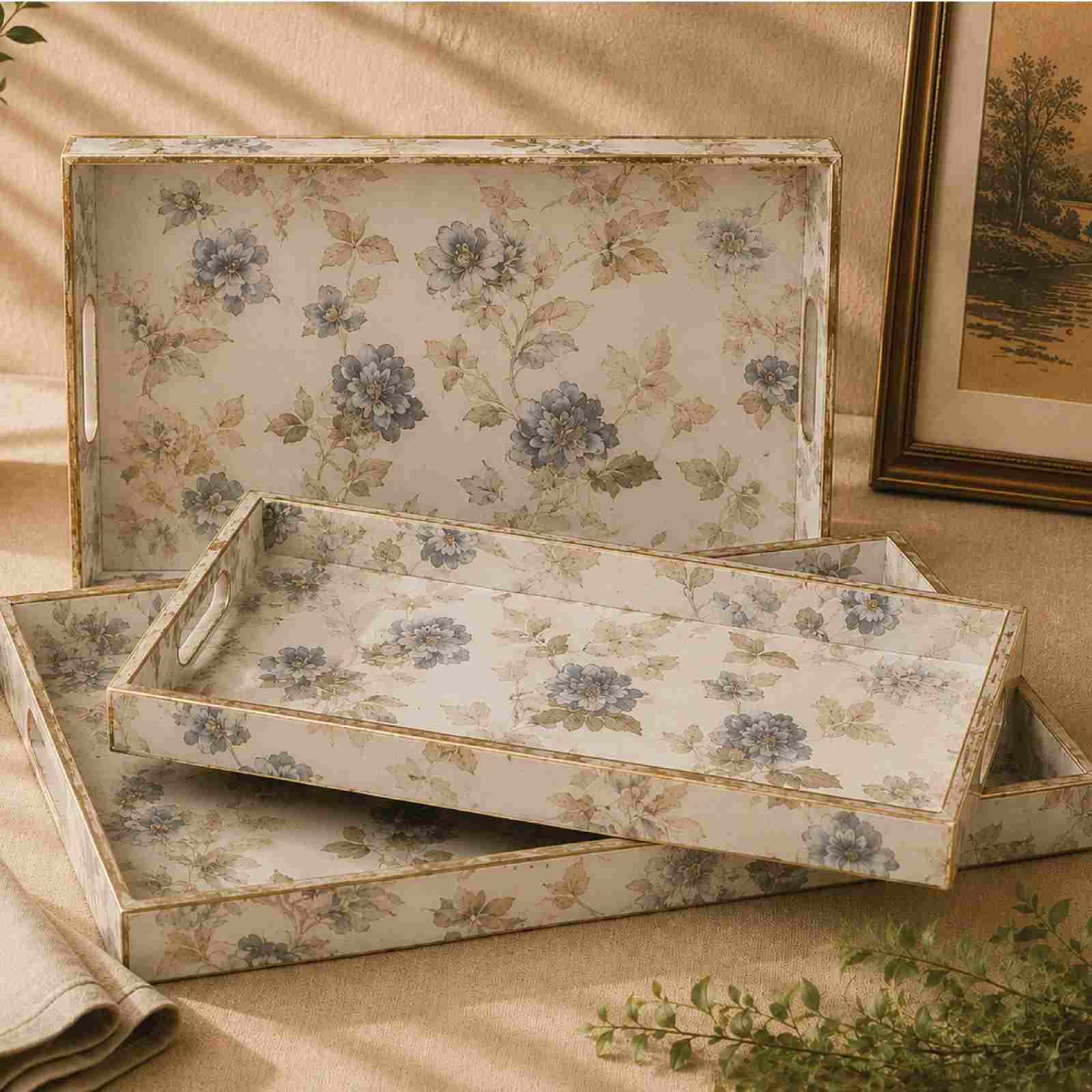 Azure Bloom 3-Piece Tray Set with blue floral design