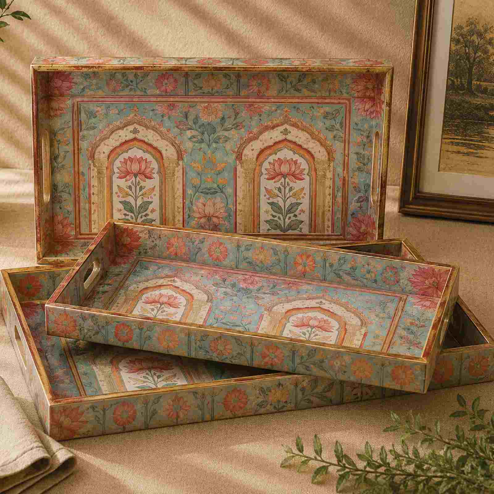 Rajkamal 3-Piece Tray Set with floral lotus design