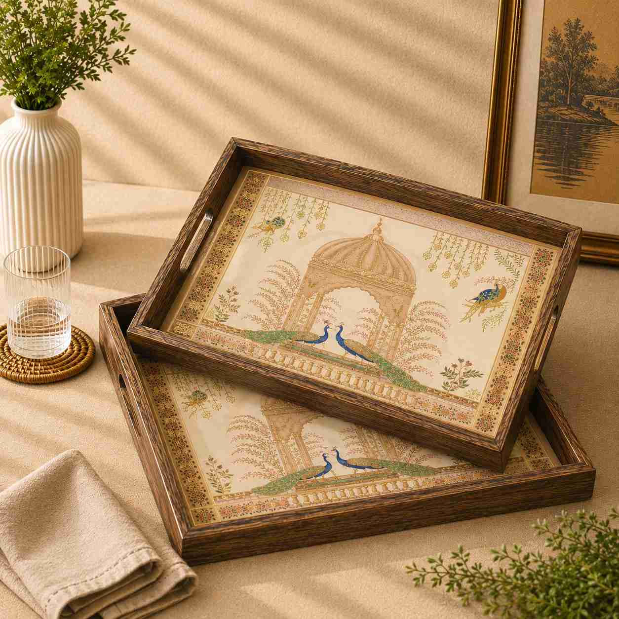 Mayura Mehfil Rectangular Tray Set of 2 with peacock artwork
