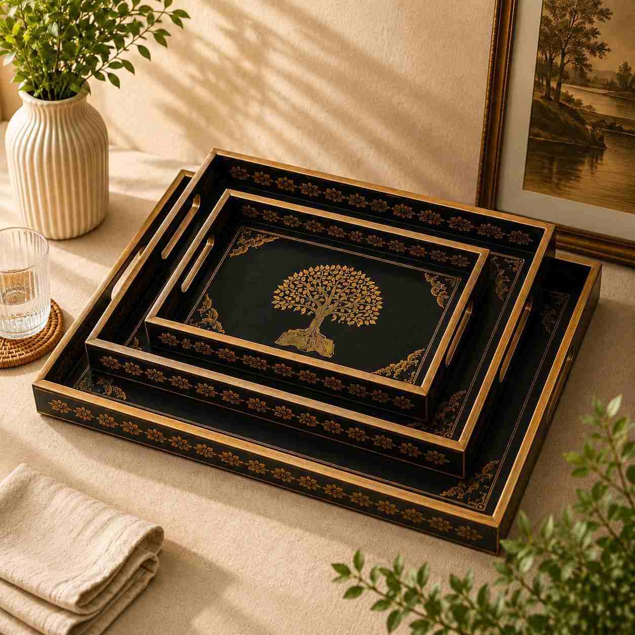 Bodhi 3-Piece Tray Set with golden Tree of Life design on mango wood