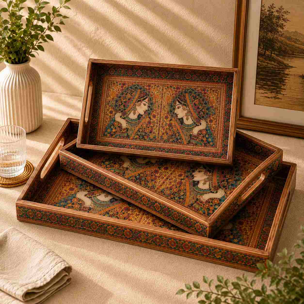 Rooh-e-Rang 3-Piece Tray Set with Mughal-inspired artwork