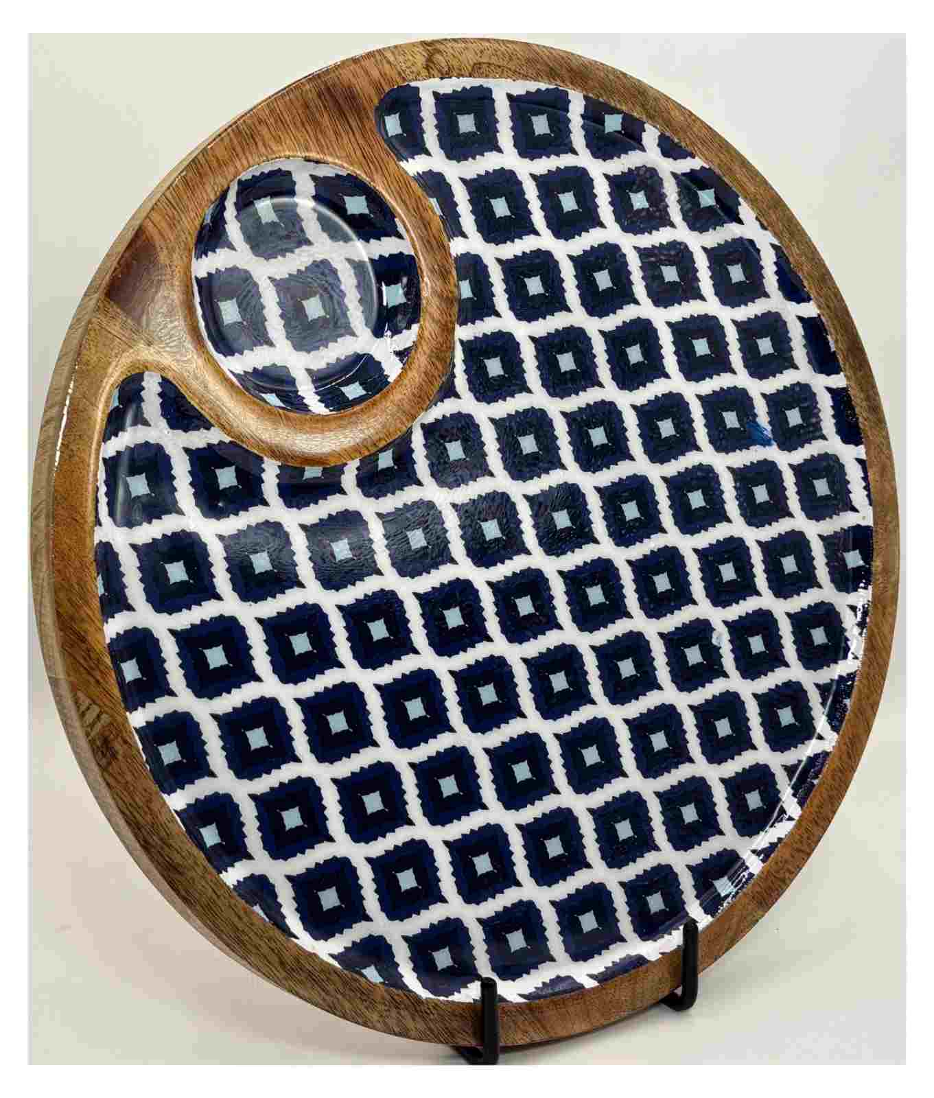 Indigo Lattice Chip & Dip Wooden Platter