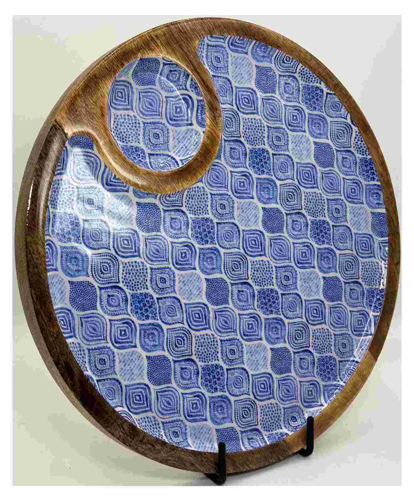 Shop the Indigo Harmony Chip & Dip Platter with indigo geometric artwork, natural wooden rim and integrated dip bowl for snacks and appetizers.