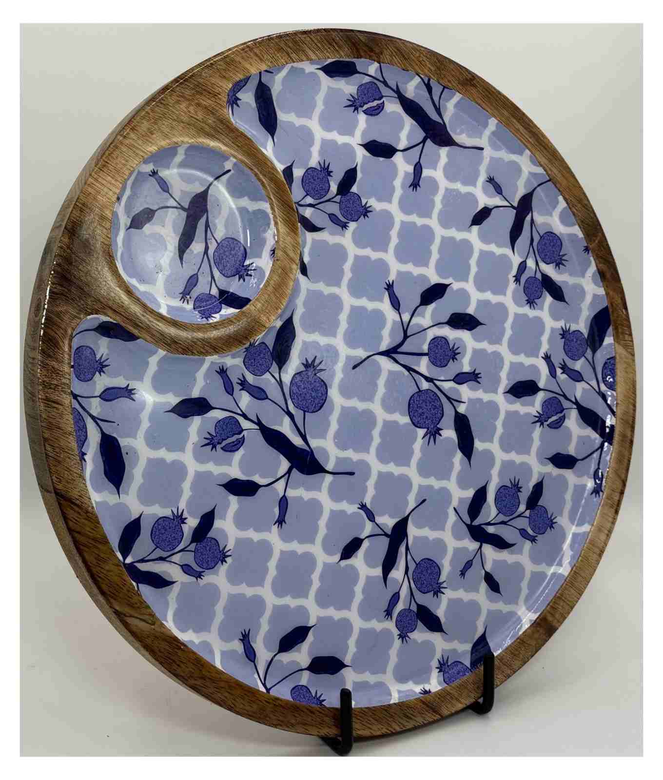Blue Orchard Chip & Dip Platter with blue floral design and dip bowl