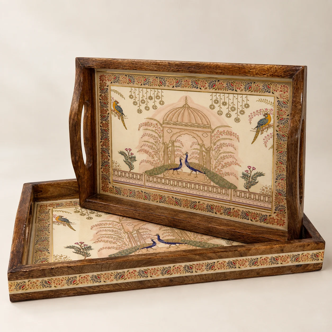 Royal Peacock Serving Tray Set of 2 with Mughal palace artwork
