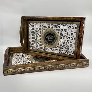 Imperial Medusa wooden tray set of 2 with black ivory geometric design