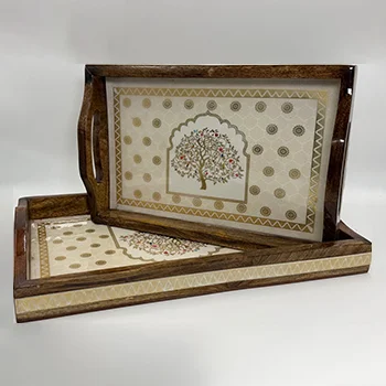 Mayura Darbar Wooden Tray Set of 2 with peacock palace artwork