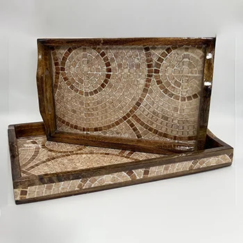 Terra Mosaic wooden tray set of 2 with beige and brown mosaic design