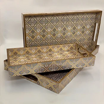 Shwet Rajmahal Serving Tray Set of 3 with gold geometric pattern