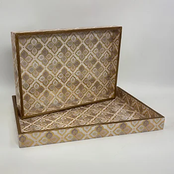 Swarna Jaal rectangular wooden tray set of 2 with ivory gold lattice design