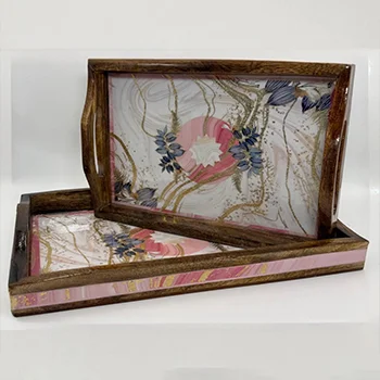 Blush Aurelia Wooden Tray Set of 2 with floral design