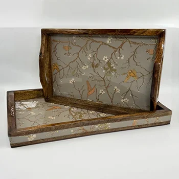 Whispering Woods Serving Tray Set of 2 with birds and flowering branches